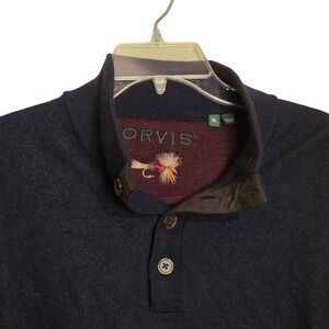 Orvis Merino Wool Mens XL Button Mock Neck Sweater Navy Blue Fly Fishing Casual